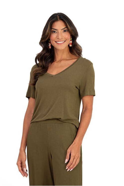 BLUSA BABY-LOOK DECOTE V MILITAR